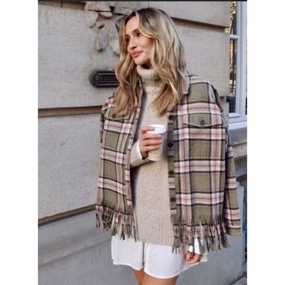 ZARA Women's Jacket Oversized Plaid Fringe Studded Wool Blend Green Pink XS